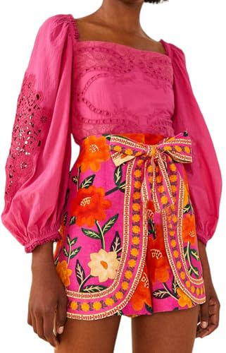 Breoklla Women's Boho Wrap Skort High Waist Mini Flowy Floral Skirt Shorts for Beach Vacation Summer Festival Outfit (2509B,Pink,S)
