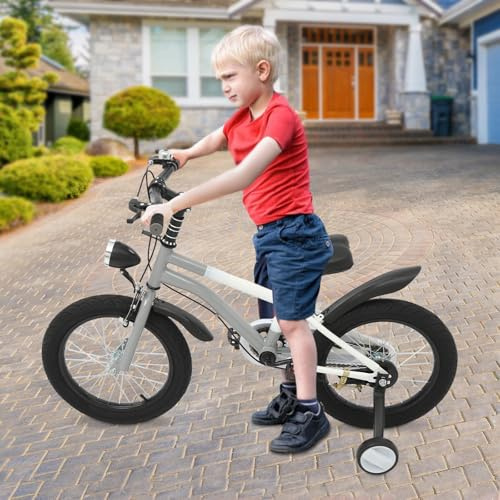 GIDRLL Vélo Freestyle BMX pour enfant de 16 pouces réglable en hauteur pour garçons et filles à partir de 4 à 6 ans avec lumière, roues stabilisatrices et double système de freinage (gris)