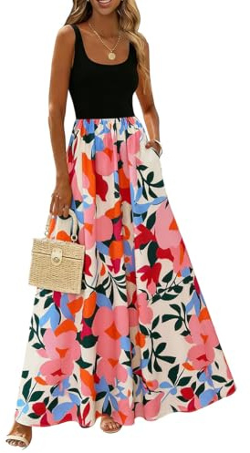 ABINGOO Robe Longue Femme D'Ete Boheme Col Round Maxi Robes sans Manches | Légère Décontractée Chic Plage Maxi Robe avec Poches Élastique Taille