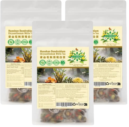 Lot de 3 paquets de tisane au dendrobium de Huoshan et chrysanthème avec thé blanc, 100 g par paquet (20 sachets de 5 g), tisane rafraîchissante à base de plantes au goût frais et doux