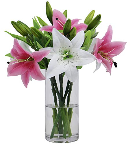 Olrla Lot de 6 Bouquets de lys artificiels au Toucher réaliste Couleurs mélangées pour la maisonune fête de Mariage Une Boutique Décoration Florale (Rose + Blanc, 6)