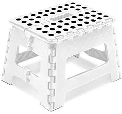 KEPLIN 9 Inch Heavy Duty Folding Step Stool | Non-Slip Foldable Footstool for Toddlers, Children & Adults | Portable, Lightweight Plastic Footstep w/Carrying Handle for Indoor or Outdoor (White)