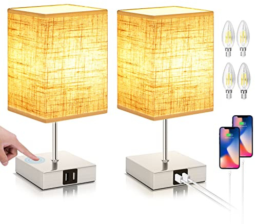 Lampada da Comodino, Lampade da Comodino con Controllo Touch, Set di 2 Design Moderno Lampade da Tavolo 2 Porta USB, 3 Intensità Luce Notturna, 4 Lampadine E14, Lampada da Scrivania per Soggiorno