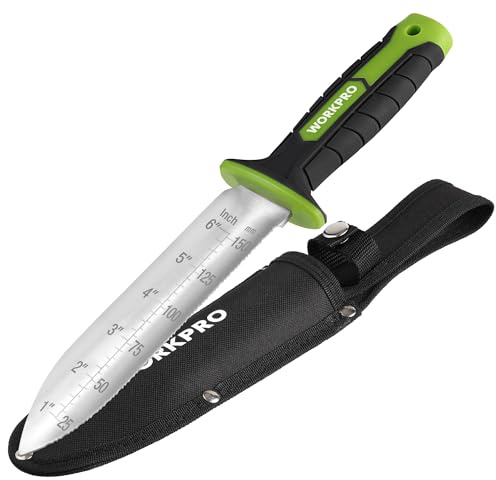 WORKPRO Hori Hori Garden Knife, 7 Stainless Steel Blade with Cutting Edge, Garden Tools with Oxford Sheath, Ergonomic TRP Handle with Hanging Hole for Weeding, Planting, Digging, Green