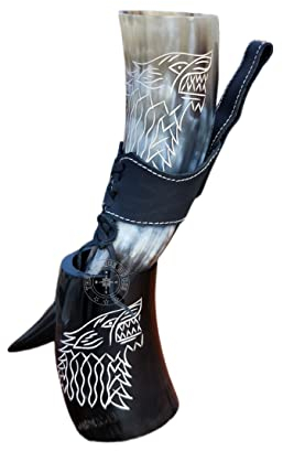 THE ANTIQUE HOUSE Viking Drinking Beer Mug Wolf Engraving Genuine Horn Wine Mead Mug with Stand & Leather Holder Gifting Item