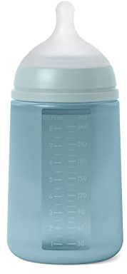 Suavinex, Trinkflasche mit Silikonflasche, 240 ml, physiologischer Sauger SX Pro aus Silikon, mit Anti-Kolik-Ventil, mittlere Durchflussflasche (M), für Babys ab 3 Monaten, Farbe Essence, Blau