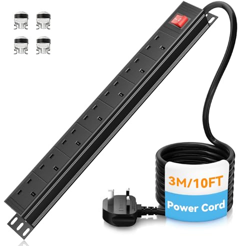 Ohuo 3m Cable 7 Way Extension Lead Surge Protection, Rack Mount Power Strip 3M Extension Cord, 7 Gang Power Sockets Extension with Metal Housing, 13A 3250W