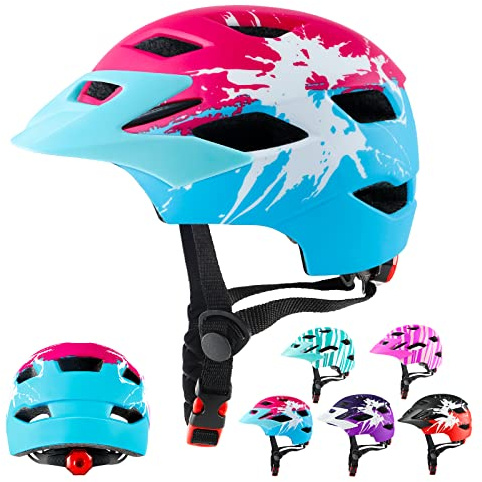 Casco per Bambini RaMokey, Casco da Bici per Ragazzi e Ragazze Età 3-15, Casco da Ciclismo Leggero per Bicicletta da Montagna con Luci Posteriori, Regolabile, Visiera Rimovibile (48-56CM) (Rosa+Rosso)