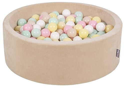 KiddyMoon Rund Bällebad Velvet Bällepool 90X30cm/200 Bälle ∅ 7Cm Ballgruben Für Babys Spielbad Kleinkinder, Hergestellt In EU, Sandbeige: Pastellbeige/Pastellgelb/Weiß/Mint/Puderrosa