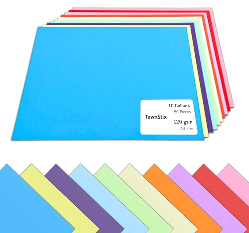50 Blatt, 120g - Tonpapier A3 Bunt, Bastelpapier Buntes Papier zum Basteln Farbiges Druckerpapier - 10 Farben