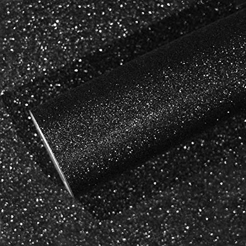 VEELIKE Black Sparkle Wallpaper 40cm×900cm Thick Glitter Contact Paper for Furniture Stickers Self Adhesive Bright Fabric Wallpaper for Living Room Vinyl Wrap for Kitchen Cupboards Covering Bedroom
