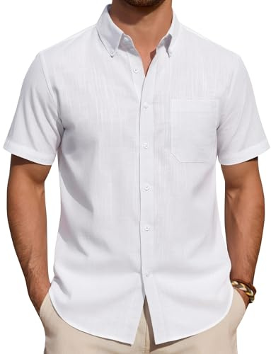 J.VER White Linen Shirts Men Summer Short Sleeve Regular Fit Smart Casual Lightweight Holiday Beach Button Down Shirt M