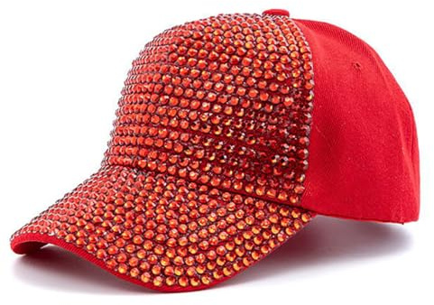 Gudessly Baseballkappe für Damen, Nieten, Strasssteine, verstellbar, einfarbig, glitzernd, Denim-Sonnenhut, Hellrote Kappe, 7-7 1/2
