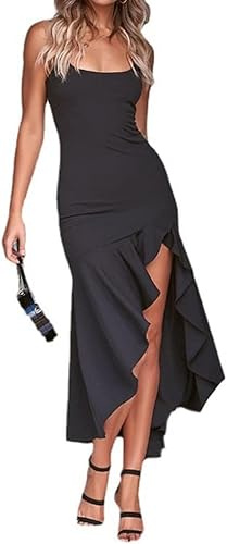 Hanaoops Lång klänning dam ärmlös bodycon-klänning rygglös maxiklänning elegant spaghetti rem bodycon volangklänning sommar långa cocktailklänningar fest fest, Svart, L