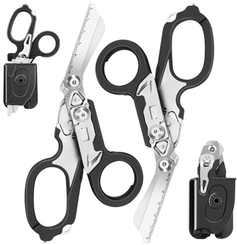 DEKELIY 6-In-1 Faltbar Trauma Schere 2 Pack Mit Kompatiblen Holster, Notschere Rettungsschere Mit Riemenschneider und Glasbrecher für Outdoor Camping Rettung Werkzeuge