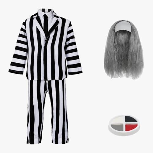 Disfraz de Halloween a rayas para niños, XL, traje de rayas blancas y negras y camisa, corbata negra, disfraz de Halloween para niños