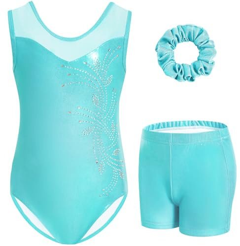 Gogokids Justaucorps de gymnastique 3 pièces sans manches avec short et élastique à cheveux pour filles de 3 à 12 ans, parfait comme cadeau, turquoise, 120(110-120 cm,6-7Y)