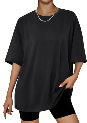 LILLUSORY Oversized T Shirts for Women UK Short Sleeve Tops Summer Crew Neck Loose Fit Long Tshirts Black M