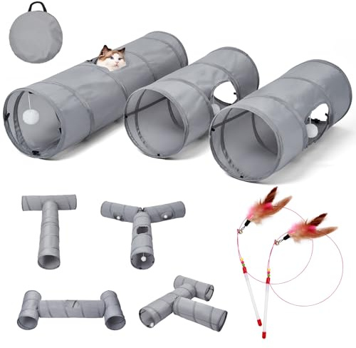 Tunnel pour chat - 3 tunnels droits pour animaux de compagnie - 6 formes à faire soi-même avec baguette - Résistant aux rayures - Pliable - Pour chiot d'intérieur - Chaton - Lapin - Argenté - 208,3 cm