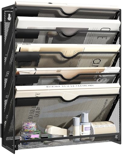 VITVITI File Organiser, 6-Tier A4 Wall Mounted Magazine File Holder for Mails Folders Papers, Vertical Document Organiser for Office Home - Black