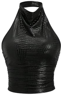 GORGLITTER Women's Y2k PU Leather Halter Neck Top Ruched Sexy Skinny Crop Tops 2000s 90s Retro Rave Club Outfits