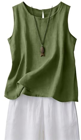 Blusa Sin Mangas Mujer Algodón y Lino Moda Verano 2026, Top Bohemia Holgado Transpirable Color Sólido Camisa con Cuello Redondo Abertura Trasera Pequeña, Paseos y Uso Diario, Ropa Casual Ligera S-3XL