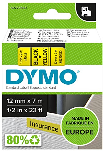 DYMO Authentic D1 Labels | Black Print on Yellow Tape | 12 mm x 7 m | Self-Adhesive Labels for LabelManager Label Makers | Made in Europe