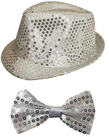 2 stycken bitar silver paljett fedora hatt & silver paljett bur set – perfekt för dansshower och scenshower fancy klänning (tillgängligt i 6 färger)