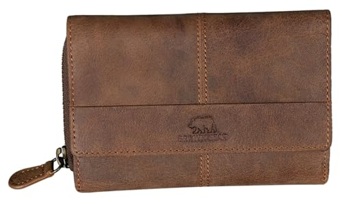 BROWN BEAR Geldbörse Damen Leder Braun Vintage mit RFID-Schutz & Münzfach - Echtleder Portemonnaie groß viele Fächer - Frauen Geldbeutel mit Überschlag für 12 Karten - BB Lin HBR