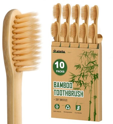 Daletu Bamboo Toothbrushes Soft Bristles 10 Pack, Biodegradable BPA Free Soft Bristles Toothbrushes for Adult, Eco-Friendly, Natural Wooden Organic Toothbrush
