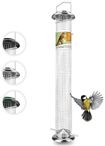 wildtier herz I Vogelfutterspender 52cm, Silber - Erdnussfutterspender aus rostfreiem Edelstahl I Futterstation Futtersäule Vögel I Großer Vogelfutterspender für Wildvögel