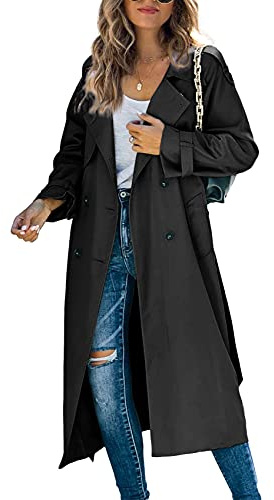 Makkrom Women's Double Breasted Long Trench Coat Windproof Classic Lapel Slim Overcoat with Belt