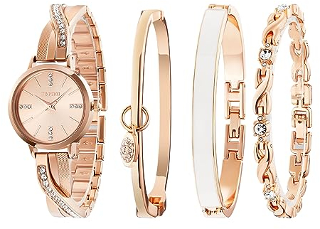 TIME100 Women's Bangle Watch and Rose Gold Watch Chain Bracelets Premium Crystal Accented Bracelet Set