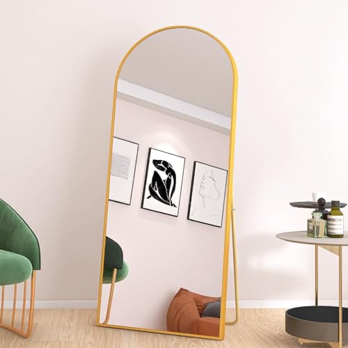 AUFHELLEN Bogen Ganzkörperspiegel 165x60cm, Gewölbter Spiegel mit Golden Metallrahmen Standspiegel HD Groß Bodenspiegel Wandspiegel mit Haken für Wohn-, Schlaf- und Ankleidezimmer Spiegel