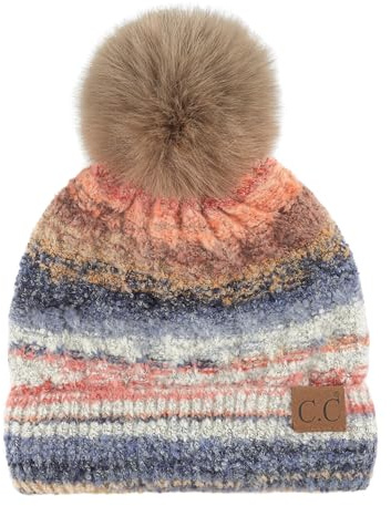 C.C Multi Color Space Dye Pom Beanie/Lining (Poly) / Faux Fur Pom for Women Unisex - Wool Stretchable Soft Warm Knit Winter Skully Hat (Taupe Combo)