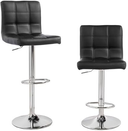 Panana Lot de 2 Tabourets de Bar, Chaises Haut, Hauteur Réglable, Revêtement en PU, Rotatif sur 360°, avec Dossier et Repose-Pieds, Pied Chromé (Noir)