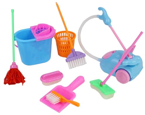 Abaodam Puppenhaus Reinigungsset 9 Teilig Miniatur Spielzeug Zubehör Für Kinder Rollenspiele Haushaltsspielzeug Zufällige Farben