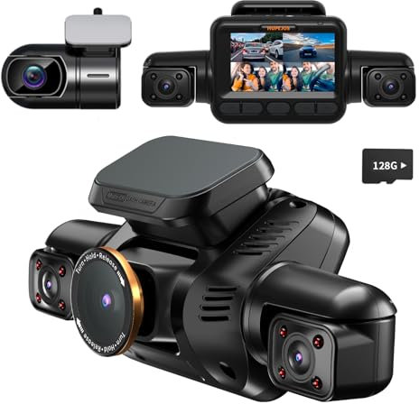 AI Dash Cam Front Rear Inside with Driver Monitor System, 360° Car Camera 4K, 4 Channel Camera for Cars Built-in WiFi GPS, Dashcam with 128GB SD Card, Night Vision, 24H Parking Mode, Upgrade DMS V8Pro