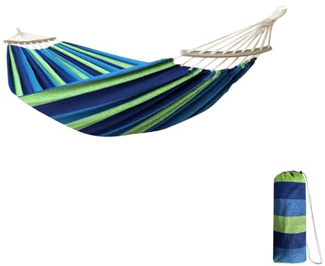 ANYOO Hängmatta med 2 trästänger för fällbart ställ, bärbar hängmatta 180 x 130 cm, för utomhus, camping, trädgård