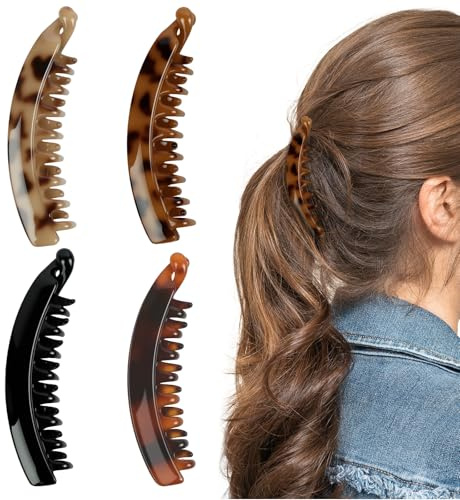 LOPHE Clips de Plátano Antideslizantes, 4 Colores Pinzas para el Cabello de Plátano, Pinza para el Pelo con Cola de Caballo Coleta y Pez, Banana Clip para Mujeres de Cabello Grueso Fino,Estilo Vintage