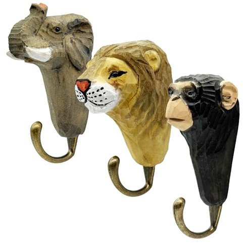 Your Castle Set de 3 ganchos de pared: Elefante/León/Mono Animales para dormitorio infantil – Perchero de madera | Gancho para ropa para niños y niñas | Perchero infantil con motivos de animales para