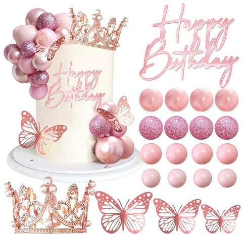 XFSRG 34 Pezzi Topper Torta Set Corona Farfalle Palloncini Cake Topper Decorativi Accessori per Compleanno Festa Matrimonio(Rosa)