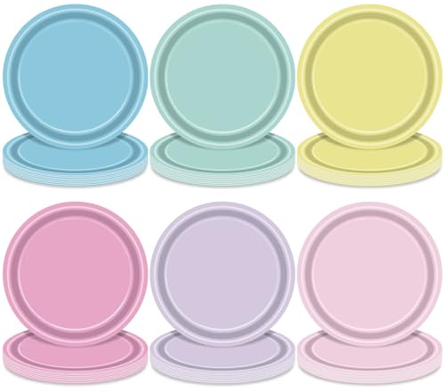 48 Pieces Pastel Paper Plates – 7 Inch Macaron Color Disposable Dessert Plates in Pink, Blue, Yellow, Green, Purple, and Light Pink for Birthday Parties, Baby Showers, Weddings, and Celebrations