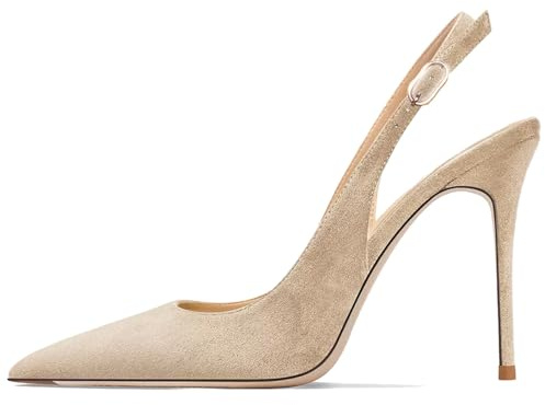 Eestfy Zapatos de Tacón de Empeine Abierto de Cuero Patentado Mujer Punta Afilada Tacones Stiletto 10cm Zapatos de Tacón Alto con Tobillera Ajustable Elegantes Calzado Formal,Nude Suede,34 EU