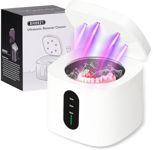 50KHZ Ultrasonic Retainer Cleaner, 3/5/8 Minutes Timer, Retainer & Aligner Cleaner Machine for Dentures, Mouthguards, Toothbrush Heads, Jewelry - Compact Portable Design, Low Noise (White)