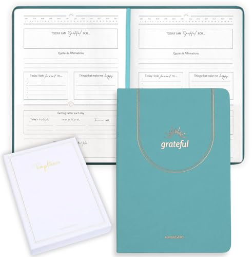 Tacksamhetsdagbok – daglig mindfulness och självvårdande anteckningsbok med premium läderfodral, guidade meddelanden, 170 gsm papper, guldfolie, satinband och lyxig presentask för kvinnor och män