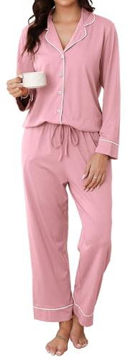 Reliwel Dampyjamas lång med knappslå pyjamas damset V-ringad pyjamas tvådelad loungewear hemmadräkt PJs bekväm topp och pyjamasbyxor