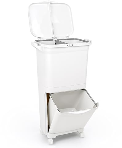 Ribelli Mülleimer Küche 3 Fächer, 45L Trocken und Nasstrennung, Abfalleimer Kücheneimer Mülltrennung mit Deckel, Mülltrennsysteme Tretmülleimer auf Rädern, Weiß
