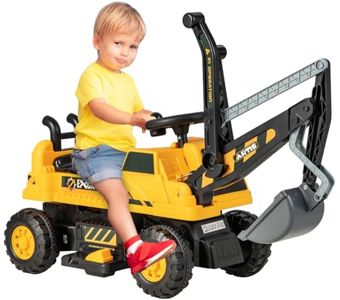 Maxmass 6V Kids Ride on Digger, Battery Powered Children Ride on Excavator with Adjustable Arm & Shovel, Lights, Music, USB, Underneath Storage, Toddler Toy Car Construction Vehicle for 3+ Years Old