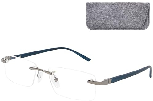 Mini Brille - Lunettes de Lecture Percées Sans Cerclage avec Verres Transparents Rectangulaires, Boite Lunette Inclus, Cadre en Acier Inoxydable (Bleu), Lunette Homme et Femme + 2.5 Dioptrie